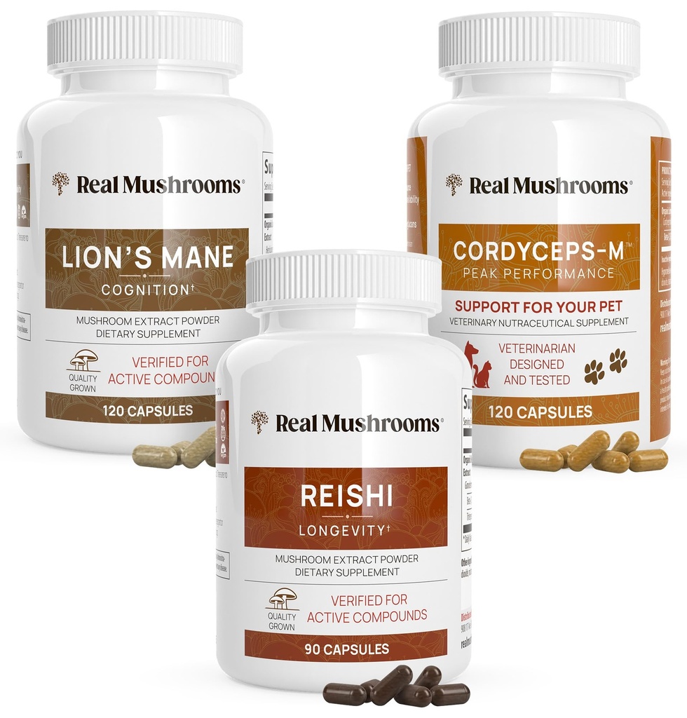 Véritables champignons Cerveau, Vitalité et Immunissance Soutien - Lion, Capsules Mane Cognition (120 Capsules) + Reishi 415 Capsules Longévité (90 Capsules) et Cordyceps-M Peak Performance (120 Capsules)
