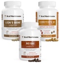 Véritables champignons Cerveau, Vitalité et Immunissance Soutien - Lion, Capsules Mane Cognition (120 Capsules) + Reishi 415 Capsules Longévité (90 Capsules) et Cordyceps-M Peak Performance (120 Capsules)