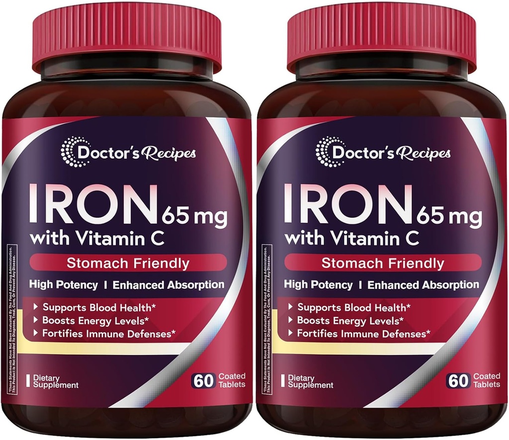 Recettes du médecin Supplément de fer 65 mg avec vitamine C - Absorption maximale et pilules de fer amies de l'estomac pour la formation de globules rouges, le coeur, le cerveau et l'immunité Santé - Vegan 120 Tabs (paquet de 2)