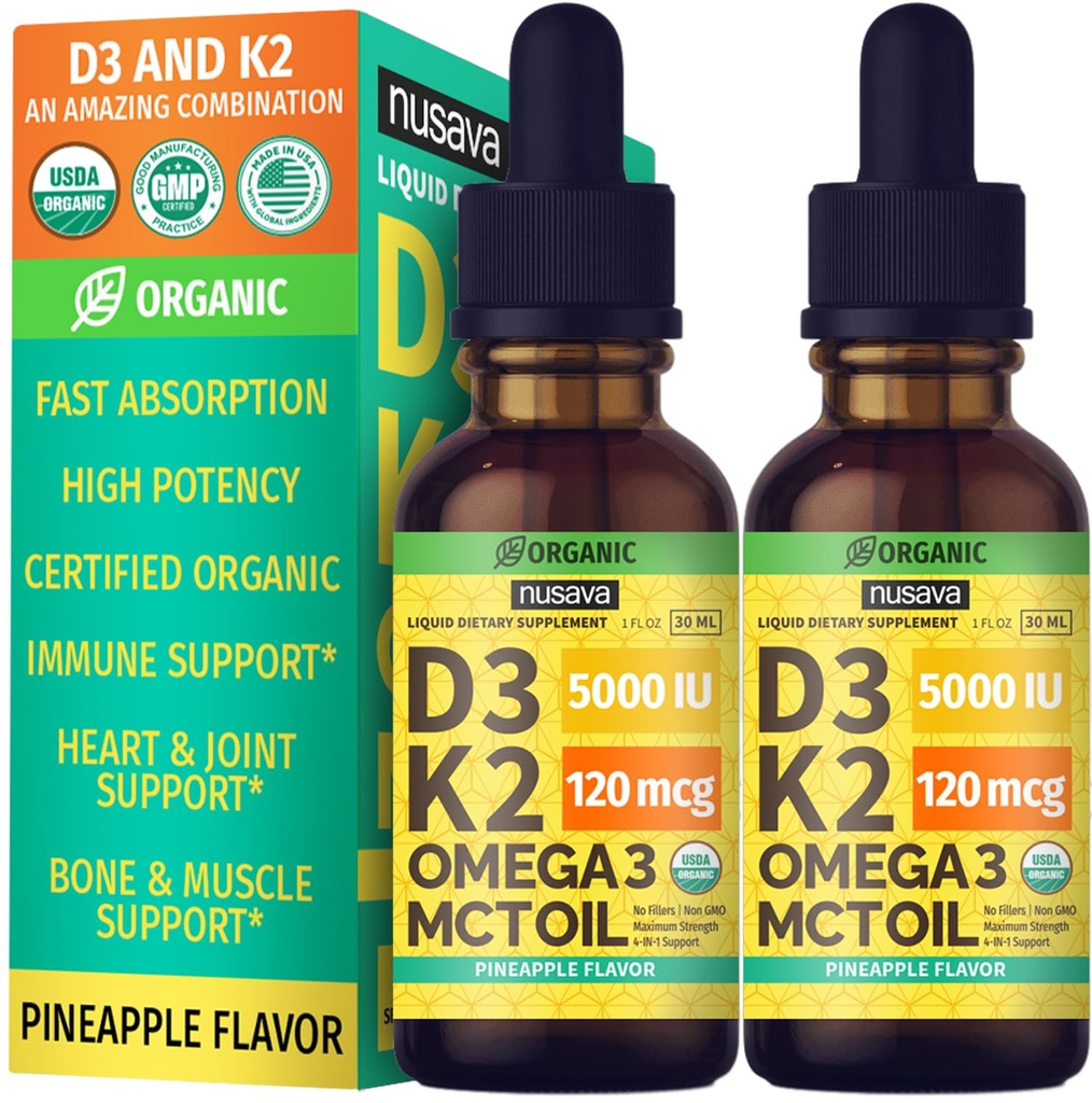 (2 Pack) Vitamine biologique D3 K2 gouttes avec l'huile MCT Oméga 3, résistance maximale Vitamine D Liquide 5000 UI, pas de remplissage, liquide non OGM D3 pour l'absorption plus rapide et le soutien immunitaire (Pineapple, 2 Fl Oz)