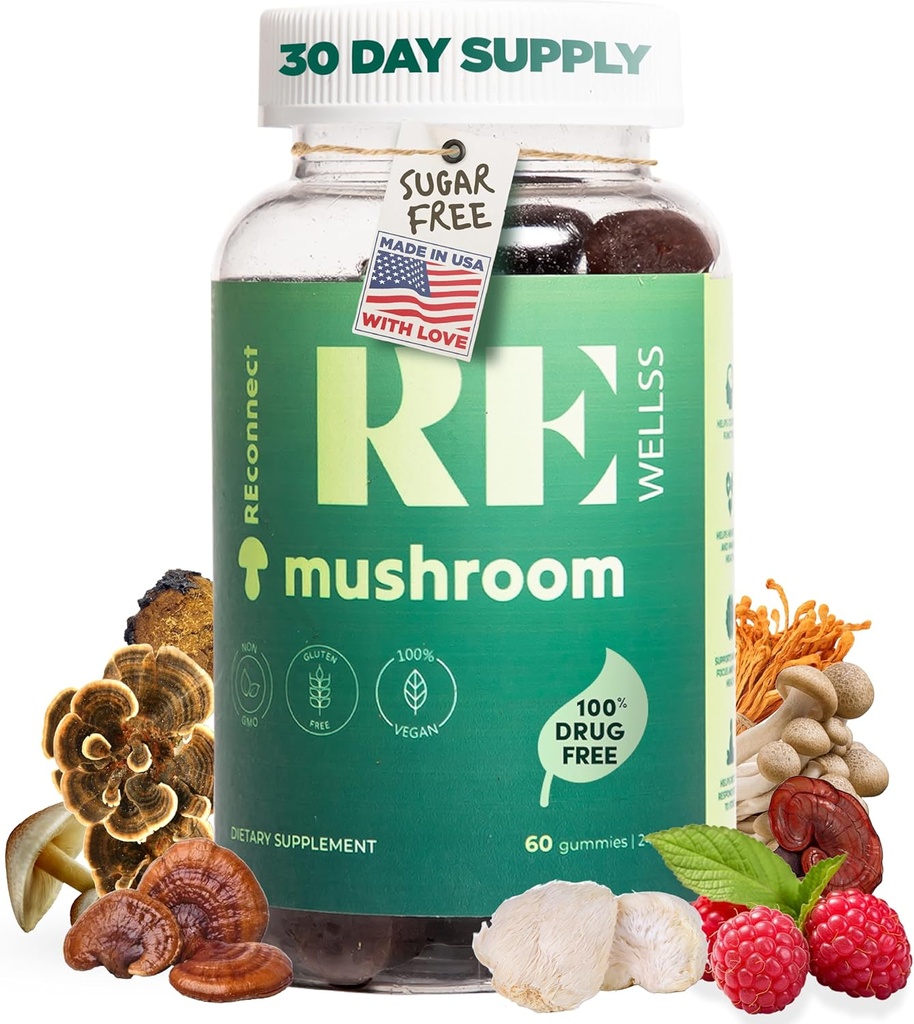 Super champignons Gummies I Sugar Free Bio Daily I Chaga Cordyceps Lions Mane Maitake Shiitake Turkey Tail Reishi.com Suppléments pour le soutien cognitif et immunitaire Focus énergie Stress Mood