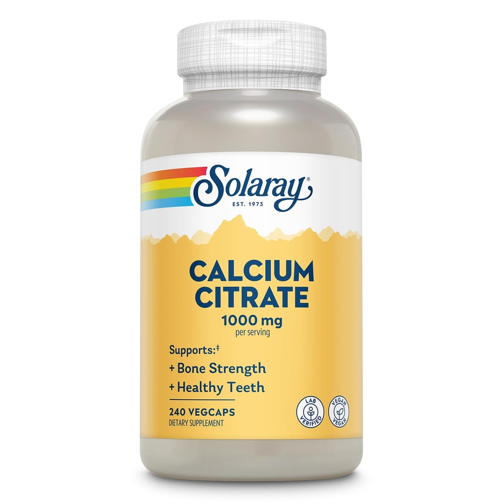 Citrate de calcium de Solaray 1000mg - Supplément de calcium chélaté - Soutient la force osseuse et les dents saines - Facile à digérer - Garantie de 60 jours, Vegan - 60 portions, 240 VegCaps