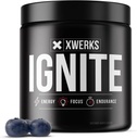 Xwerks Ignite Blue Razz Pre Workout Poudre, pré-entraînement kéto naturel pour les femmes et les hommes avec l'énergie explosive, mélange sans gluten pour l'endurance et l'endurance, 150mg caféine, 30 portions