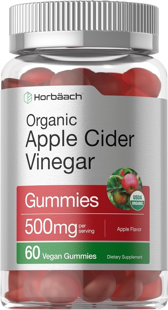 Horbäach Gommies de vinaigre de cidre de pomme biologique de 60 gommies de légumes, sans OGM et sans gluten de supplément