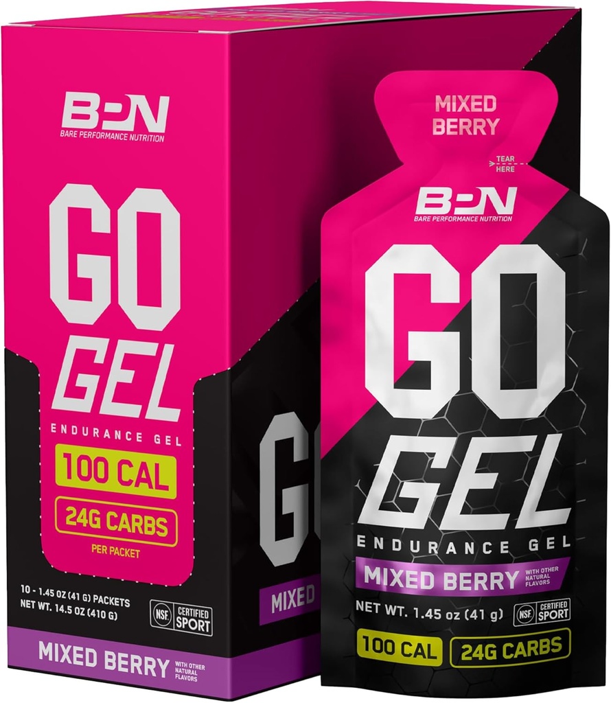BARE PERFORMANCE NUTRIITION, BPN Go Gel Endurance, 24g de glucides et 100 calories par emballage, Vegan + Gel sans gluten, 10 packs à usage unique, Berry mélangé