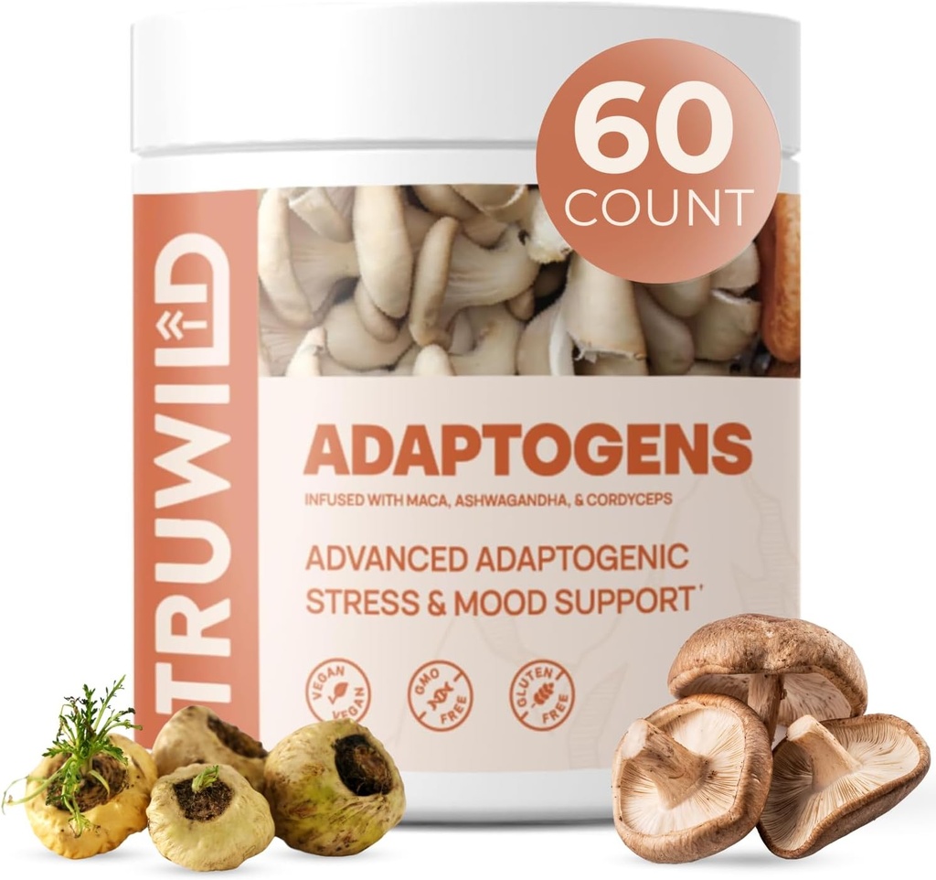 TruWild Adaptogen Blend avec Cordyceps Maca Ashwagandha - Mélange de champignons plein spectre pour le soutien quotidien et la fonction, toute la formule naturelle avec 7 ingrédients clés, 60 capsules
