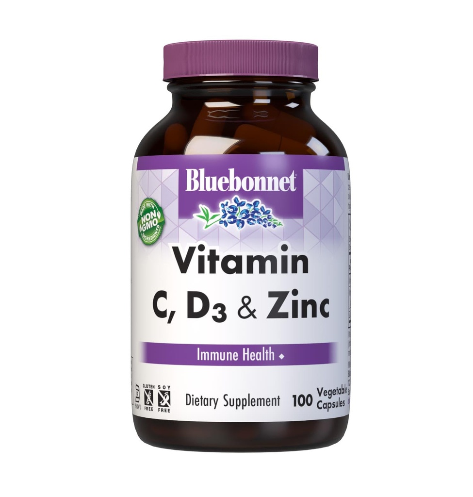 Bluebonnet Nutrition Vitamine C, D3 & Zinc, pour la santé immunitaire et la fonction respiratoire*, sans soja, sans gluten, non-OGM, certifié Casher, sans lait, 100 capsules végétales, 100 portions