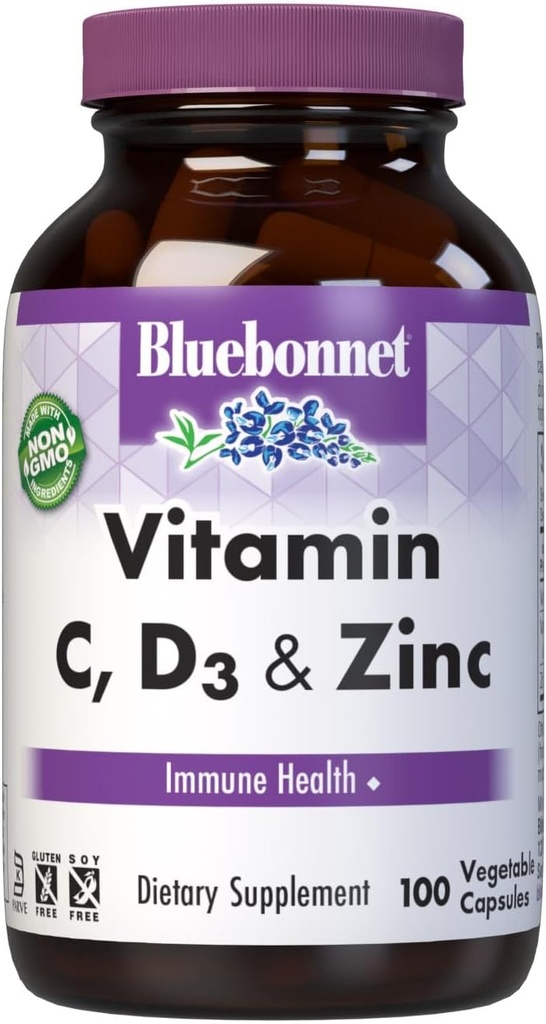 Bluebonnet Nutrition Vitamine C, D3 & Zinc, pour la santé immunitaire et la fonction respiratoire*, sans soja, sans gluten, non-OGM, certifié Casher, sans lait, 100 capsules végétales, 100 portions
