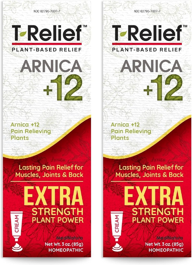 MediNatura T-Relief Crème Extra Strength Arnica +12 actifs naturels de soulagement pour la douleur du dos Douleurs musculaires articulaires et étourdissement, corps entier soulagement rapide d'action pour les femmes et les hommes - 3 oz (2 pack)