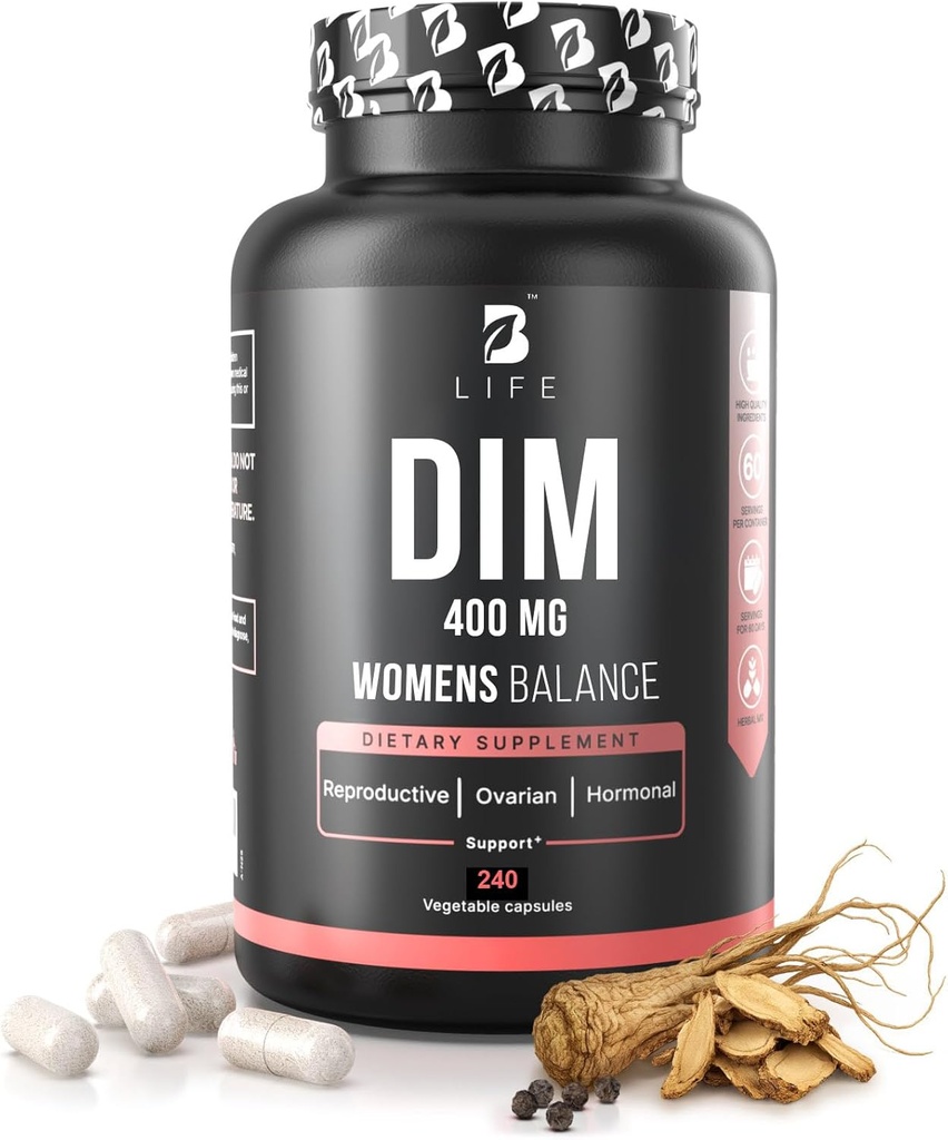 DIM Supplément 400 mg avec Myo & D-Chiro Inositol, Dong Quai - Suppléments PCOS – Hormone Balance pour les femmes – Suppléments de fertilité – Supplément Inositol - 240 capsules
