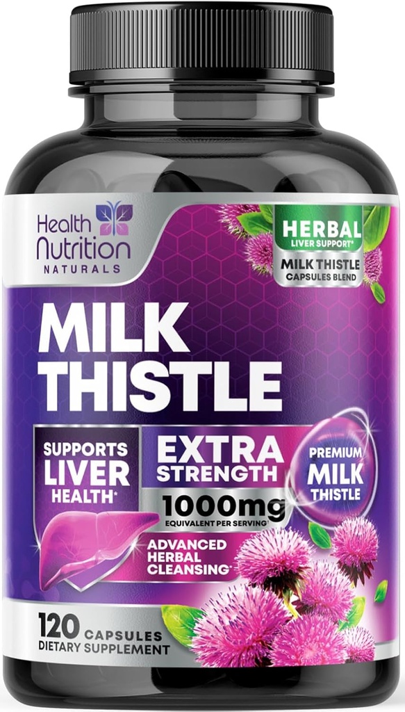 Milk Thistle Supplement with Silymarin Marianum & Dandelion Root Liver Health Support - 9:1 Extract Liver Cleanse Detox & Repair 1000mg Equivalent - Nature's Milk Thistle Supplements - 120 Capsules