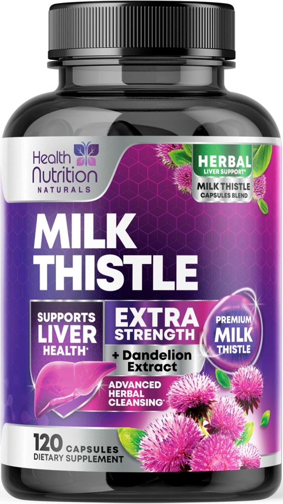 Supplément de chardon de lait - Détox de nettoyage avancé du foie et réparation avec extrait de racine de dandelion - Natural Thistle Silymarin Marianum Extrait de foie de foie, non-OGM, embouteillé États-Unis - 120 capsules