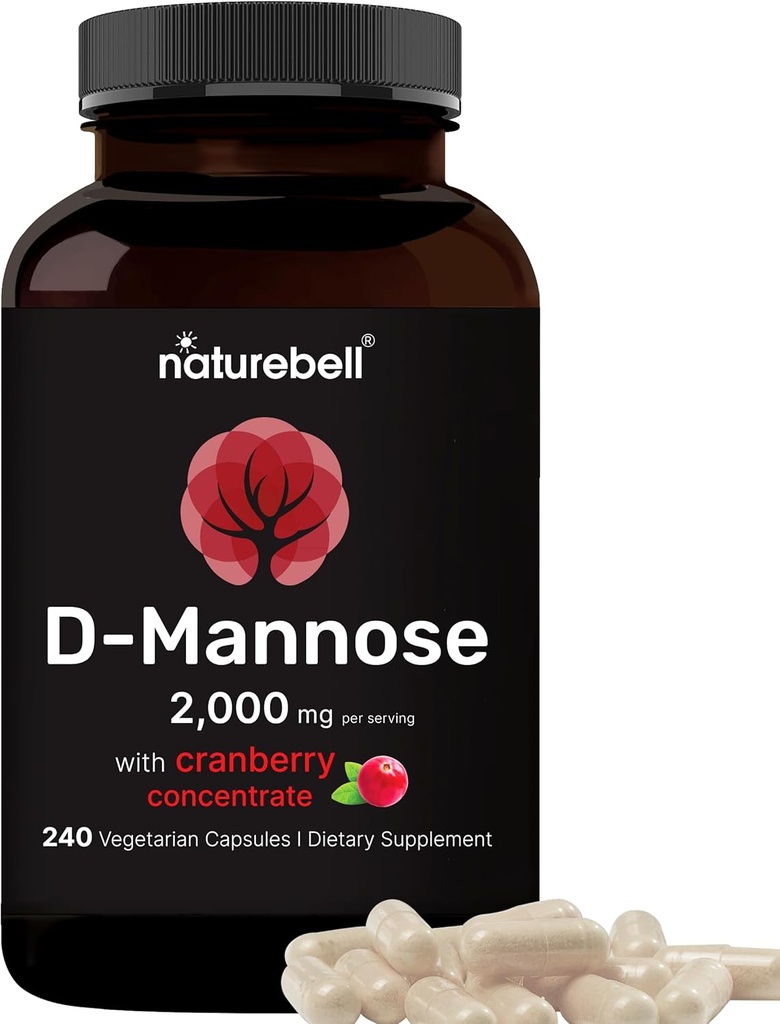 NatureBell D-Mannose 500mg Capsules (2 000mg par portion) ─ 240 Capsules de légumes + concentré de canneberges 40mg – pilules pour la santé à courte durée de vie – Ultra UTI Support pour les femmes et les hommes