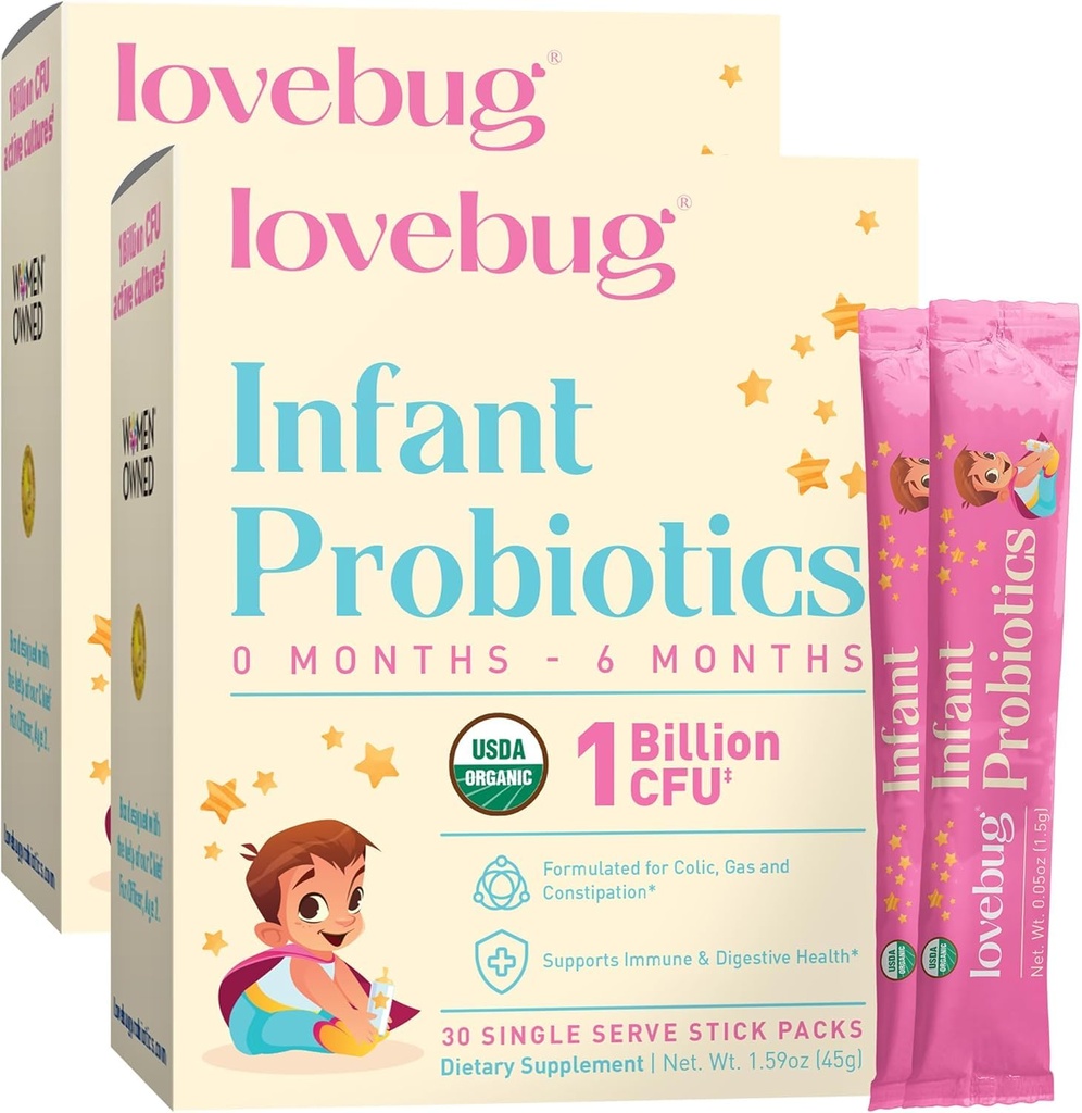 Lovebug Infant Probiotics 0-6 Months - USDA Organic Probiotics for Babies, Supports Baby Gas, Colic, Reflux, Diarrhea and Newborn Constipation Relief, Allergen & Sugar Free, Tasteless Powder, 60 Count