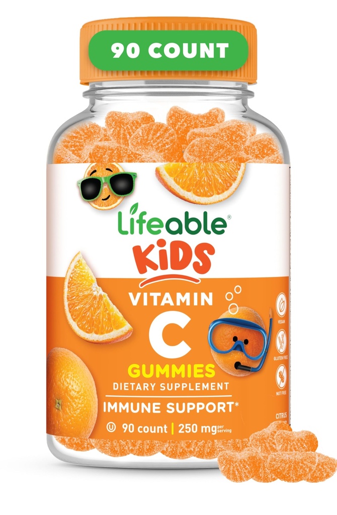 Enfants Lifeable Vitamine C Gummies de 250mg de Grande Dégustation VIT C de Vitamine C sans OGM végétalien à croquer pour le soutien immunitaire de 90 Gummies