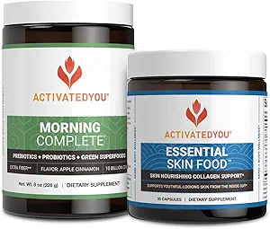 ACTIVATEDYOU Prébiotiques complets matinaux, probiotiques, superaliments verts (pomme de cannelle) + collagène de la peau essentielle, soutien à l'élastine, 30 portions