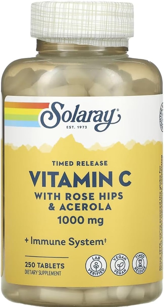 SOLARAY libération à temps de vitamine C avec HIPS et Acerola roses, 1000 mg, 250 comprimés
