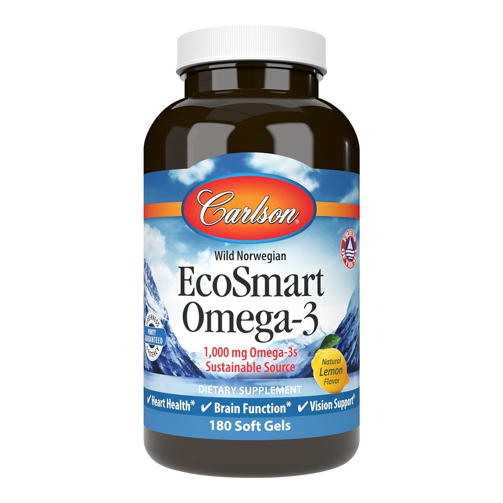 Carlson - EcoSmart Omega-3, 1000 mg Omega-3, source durable, santé cardiaque, soutien de la fonction cérébrale et de la vision, citron, 180 softgels