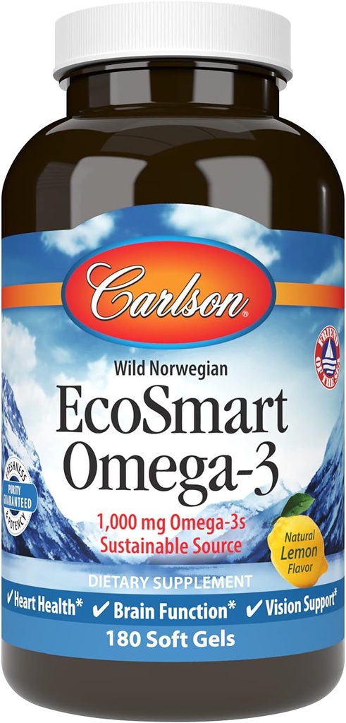 Carlson - EcoSmart Omega-3, 1000 mg Omega-3, source durable, santé cardiaque, soutien de la fonction cérébrale et de la vision, citron, 180 softgels