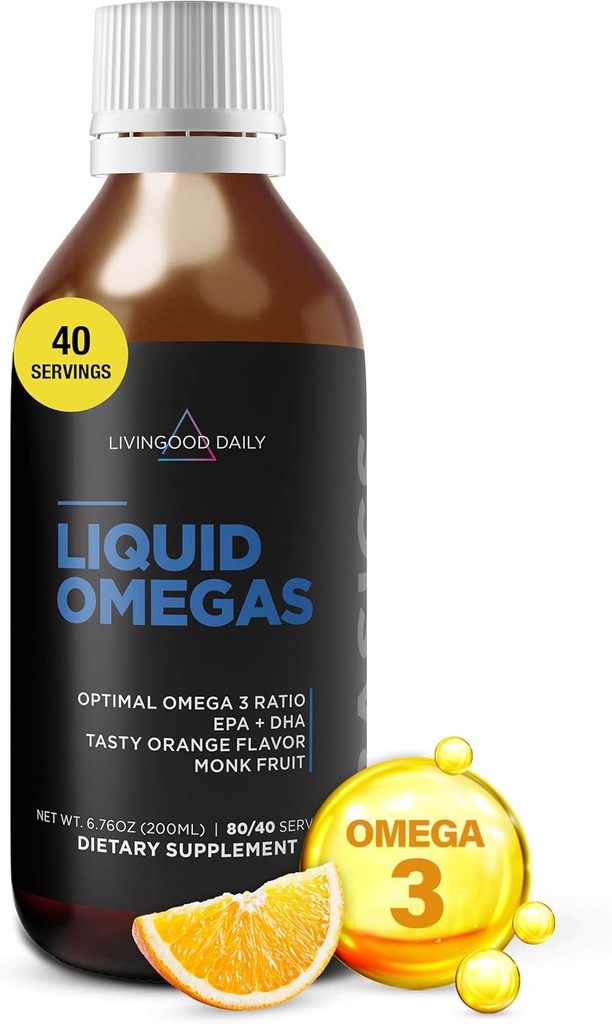 Livingood Liquid Omega 3 Huile de poisson, Supplément EPA & DHA avec Fruits Monk et Arôme Orange, Soutient la santé du coeur, des articulations et du cerveau, Huile de poisson pour les hommes et les femmes, Non OGM, Sans gluten, 200 ML, 40 portions