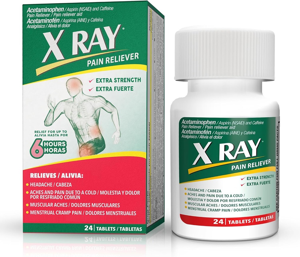 X RAY Extra Strength Pain Reliever: acétaminophène 500 mg, Aspirine, caféine - 24 comprimés chacun, Formule de Potent pour la migraine, maux de tête et soulagement de la douleur du dos, réduit l'inflammation