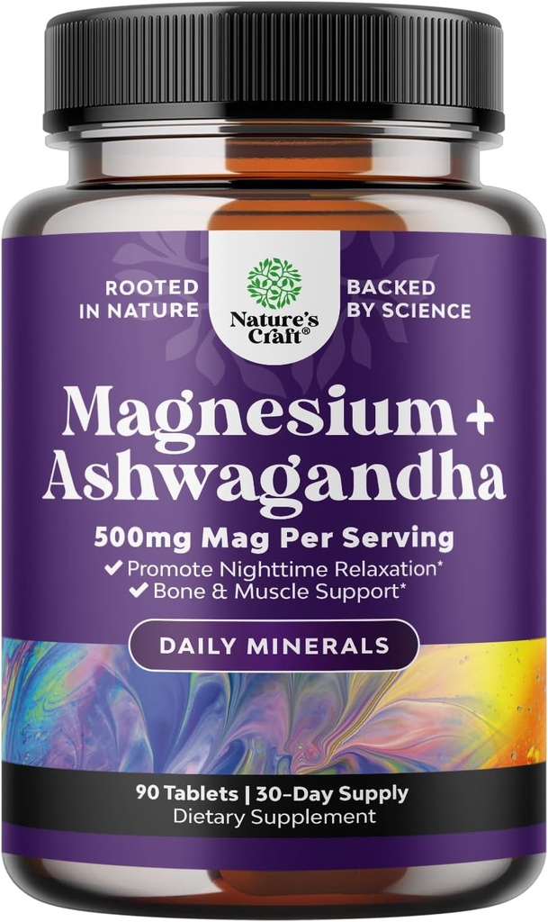 Supplément au Magnésium Glycinate avec Ashwagandha - Magnésium pour support du stress et facilité de repos pour les adultes - Comprimés à haute absorption pour support des os et crampes musculaires - 90 Compte