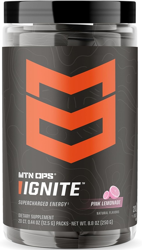MTN OPS Ignite Trail Packs Poudre de boisson énergétique, supplément sans gluten Nootropic Drink Mix, L Arginine, L Citrulline, Caféine et Nootropic Sugar Drink Mix, 20 portions, Cimonade rose