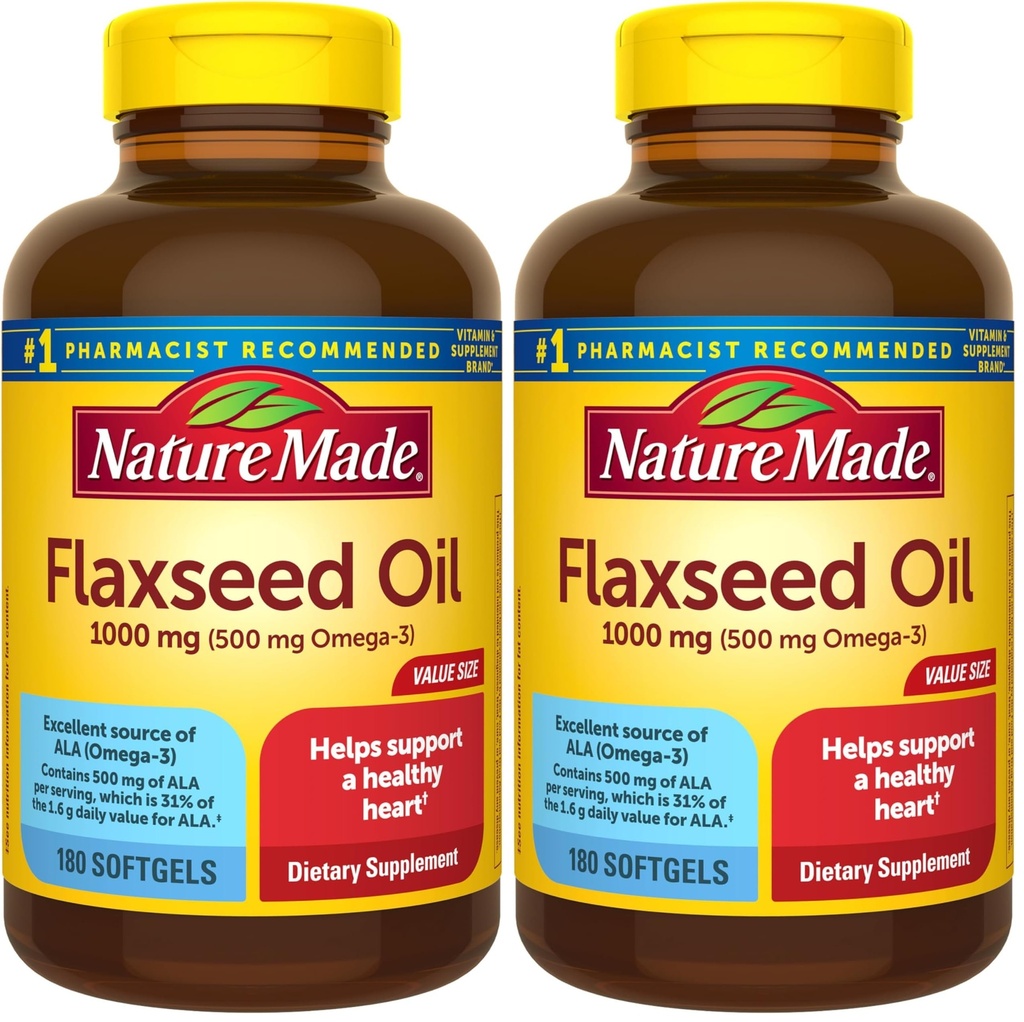 Huile de lin de nature 1000 mg, supplément alimentaire pour le soutien de la santé cardiaque, 180 softgels (paquet de 2)