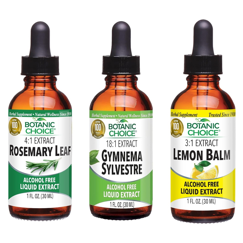 Choix botanique Baume de citron, feuille de romarin, et Gymnema Sylvestre Extraits Bundle – Kit de bien-être global quotidien pour un sommeil équilibré, système immunitaire booster, mieux cibler et mieux-être (1 fl. Oz. chaque)