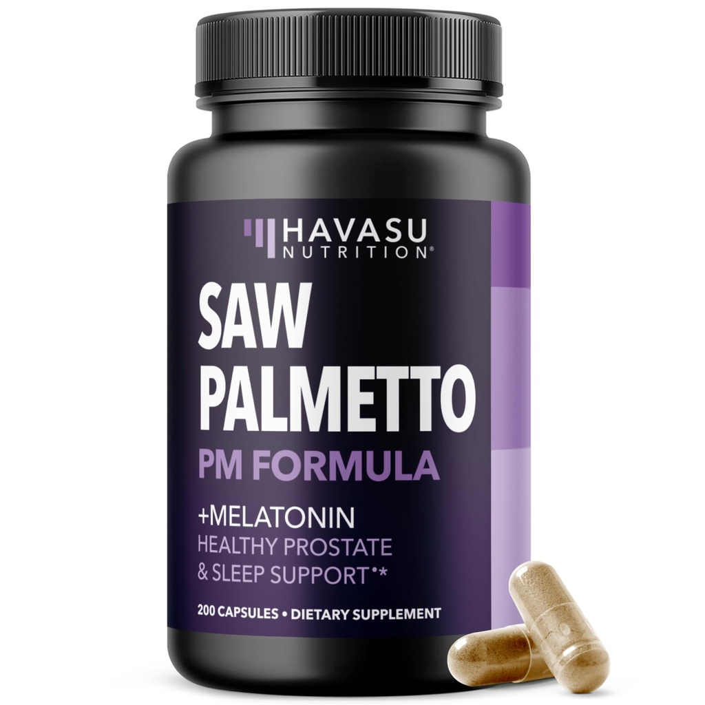 Saw Palmetto PM for Men with Melatonin 3mg - Night Time Prostate Health Supplement for Bladder and Sleep Support - Reduce Urinary Frequency - 200 Count - Vegan, Non-GMO Capsules - Over 6 Month Supply
