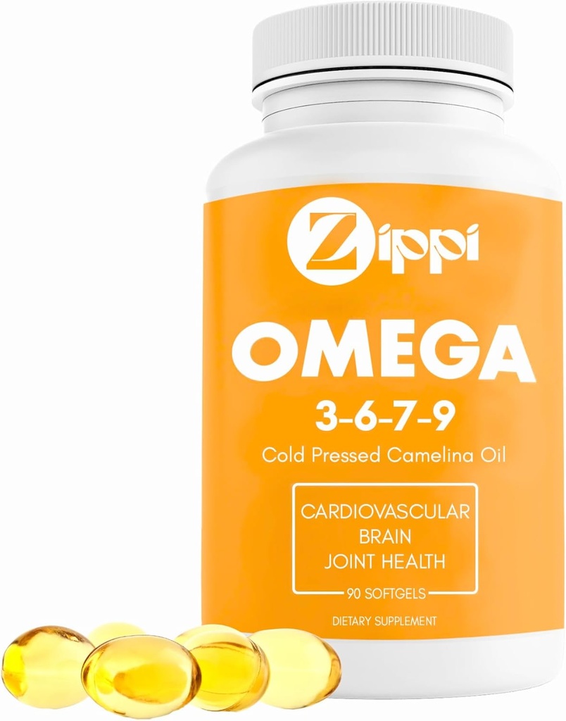 Zippi Omega 3-6-7-9 Camelina Softgels - Plant Based Omega 3-6-7-9 Fatty Acid Supplement. Helps to Support Brain, Liver, Cardiovascular, Immunity and Joint Function