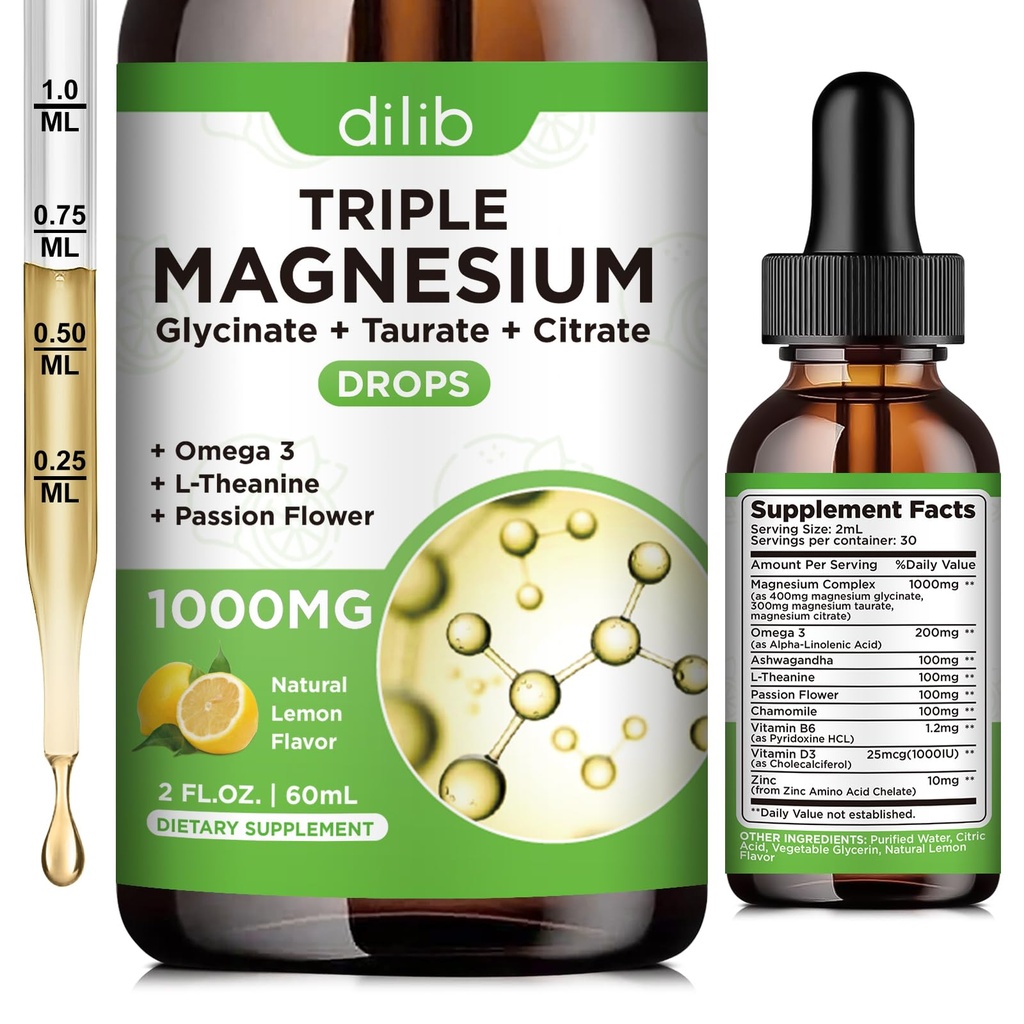 Liquid Magnesium Glycinate Supplement 1000mg, Calm Magnesium Citrate, Taurate Drops with Omega 3, Zinc, Ashwagandha, L-Theanine, Chamomile for Sleep, Mood, Stress Relief, Bone, Muscle, Lemon Flavor