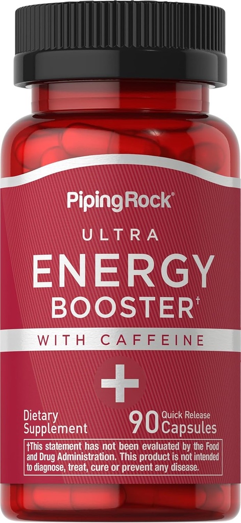 Piping Rock Energy Supplement with Caffeine | 90 Capsules | Quick Release Energy Booster Pills | Non-GMO, Gluten Free Formula