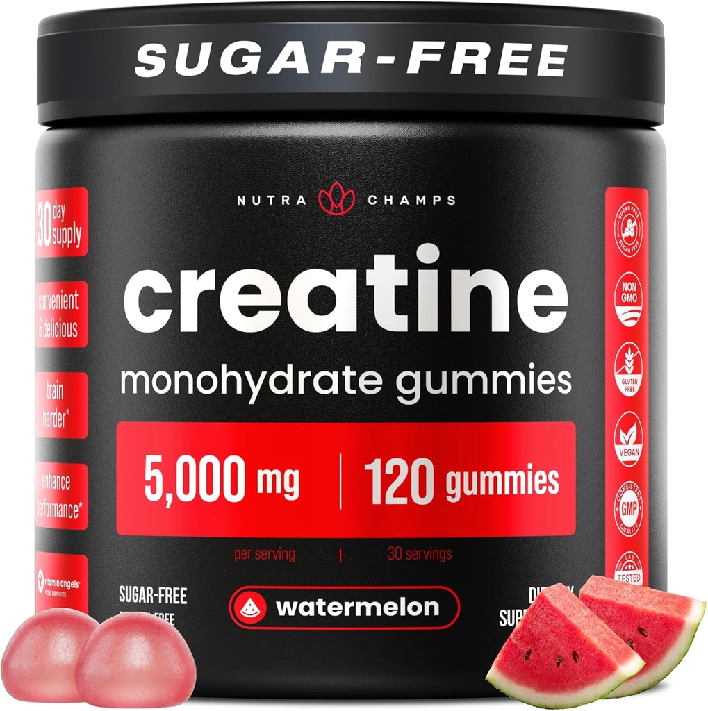 NutraChamps 120 Gommies de créatine pour hommes et femmes - 5g sans sucre Gommies monohydratées de créatine à croquer - supporte la synthèse des protéines, la récupération musculaire et la performance d'entraînement