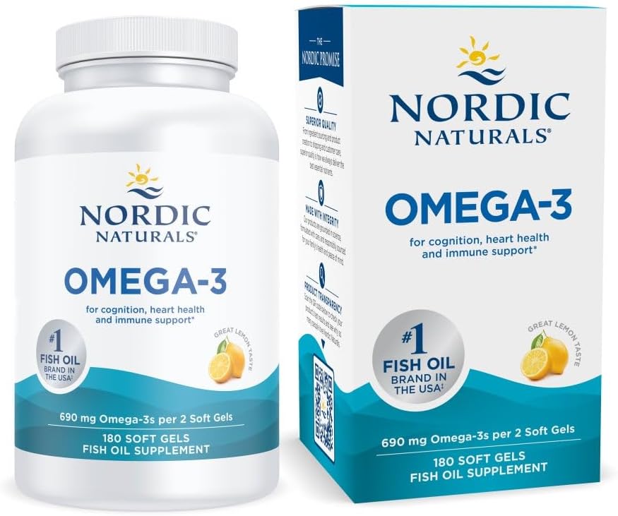 Nordic Naturals Omega-3, Saveur de citron - 180 gels mous - 690 mg Omega-3 - Huile de poisson - EPA & DHA - Soutien immunitaire, santé cérébrale et cardiaque, bien-être optimal - Non-OGM - 90 portions