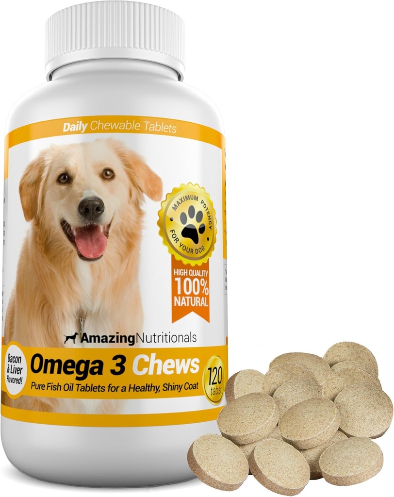 Amazing Omega 3 pour les chiens - Omega 3 Huile de poisson pour les chiens Supplément pour le soulagement de la peau démangeaison pour la peau sèche et les taches chaudes et manteau de Shedding avec l'EPA et les acides gras DHA - 120 Bacon Flavor Chews