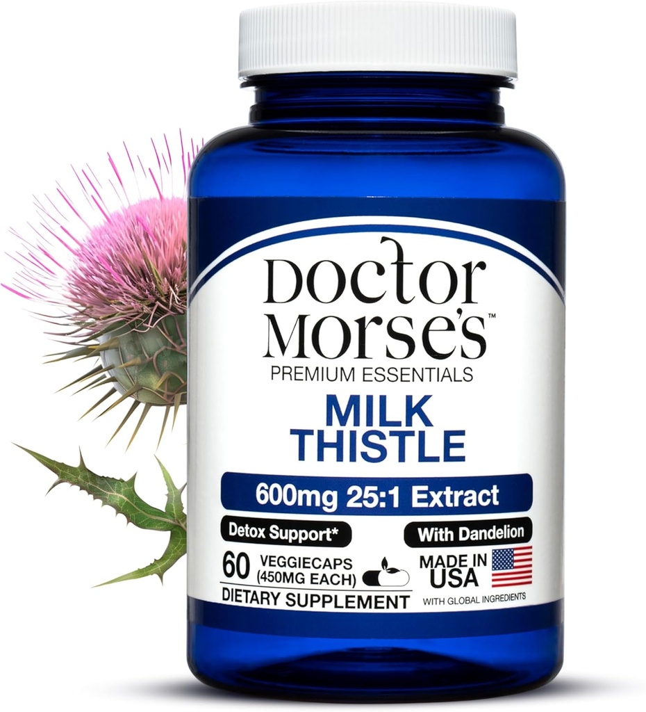 Doctor Morse Lait Thistle Supplément 25:1 Extrait 600mg Équivalent à 15000mg, Détox hépatique Soutien 4:1 Extrait 300mg Équivalent à 1200mg Racine de dandelion - Formule ultra-potente certifiée FDA - 60 capsules