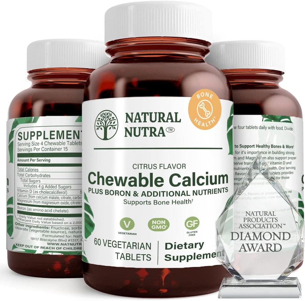 Supplément naturel de calcium à croquer Nutra pour la force osseuse, favorise la santé musculaire, aide à améliorer la santé des dents, soutient la santé nerveuse et la santé cardiovasculaire, améliore la force osseuse, 60 comprimés