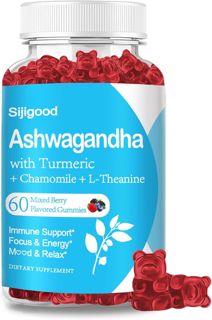 Gummies Ashwagandha avec L-theanine, supplément de racine Ashwa Gummy pour les femmes hommes, 60 Gummies mixtes aromatisés Berry