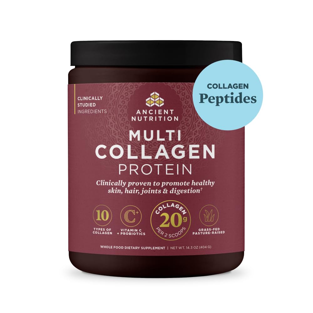 Ancient Nutrition Collagène Peptides Poudre, Protéines multicollagènes, Femmes & Hommes, Vitamine C, Probiotiques, Collagène hydrolysé, Supporte la peau, articulaires, Santé Gut, Non aromatisé, 40 portions