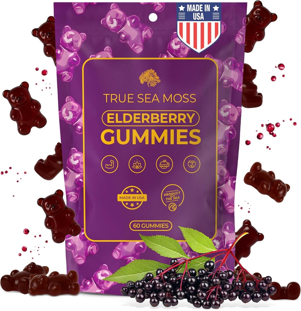 TrueSeaMoss Sea Moss Elderberry Gummies pour les adultes et les enfants – avec la racine de Burdock, Bladderwrack et Magnésium – Vegan, formule non OGM – Fabriqué aux États-Unis – 60 Gummies