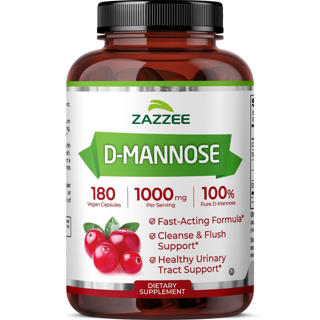 Zazzee D-Mannose, 1000 mg per Serving, 180 Vegan Capsules, 3 Month Supply, Potent & Fast-Acting, Certified Kosher, 100% Pure, All-Natural Urinary Tract Health Support, 100% Vegetarian, Non-GMO
