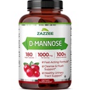 Zazzee D-Mannose, 1000 mg par portion, 180 capsules véganes, 3 mois d'approvisionnement, Potent et à action rapide, certifié Kosher, 100% Pure, All-Natural Urinary Tract Health Support, 100% Végétarien, Non-OGM