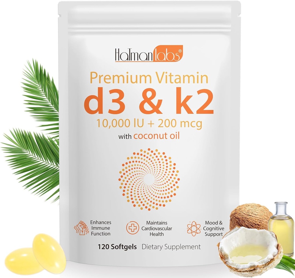 Supplément vitamine D3 K2 Softgel, vitamine D3 K2 Softgel avec 10000 UI soutient la santé immunitaire, cardiaque, des dents et des os, sans OGM, gluten, soja