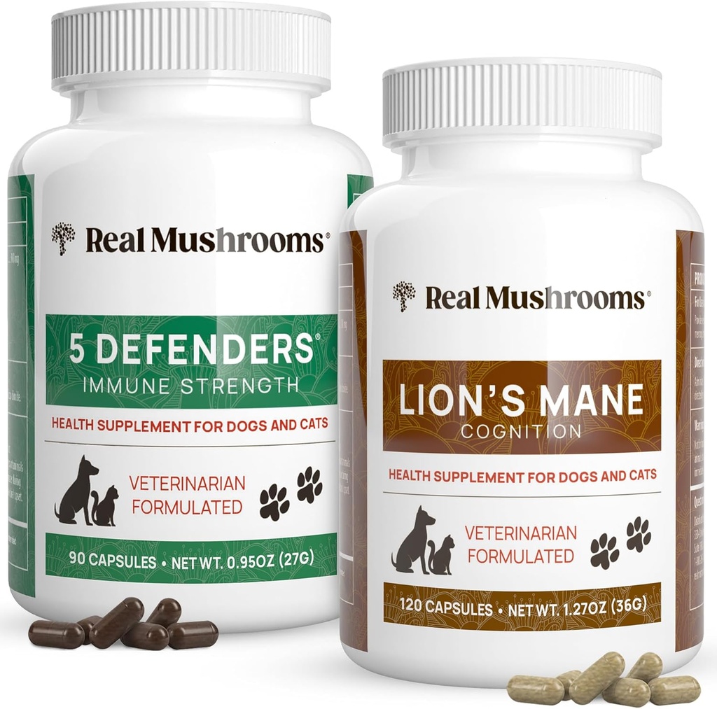 Véritables champignons 5 Defenders for Animals (90ct) et Lions Mane for Animals (120ct) - Bundle for Immune Strength & Cognition - Vegan, Non-OGM, Sans gluten, Sans céréales