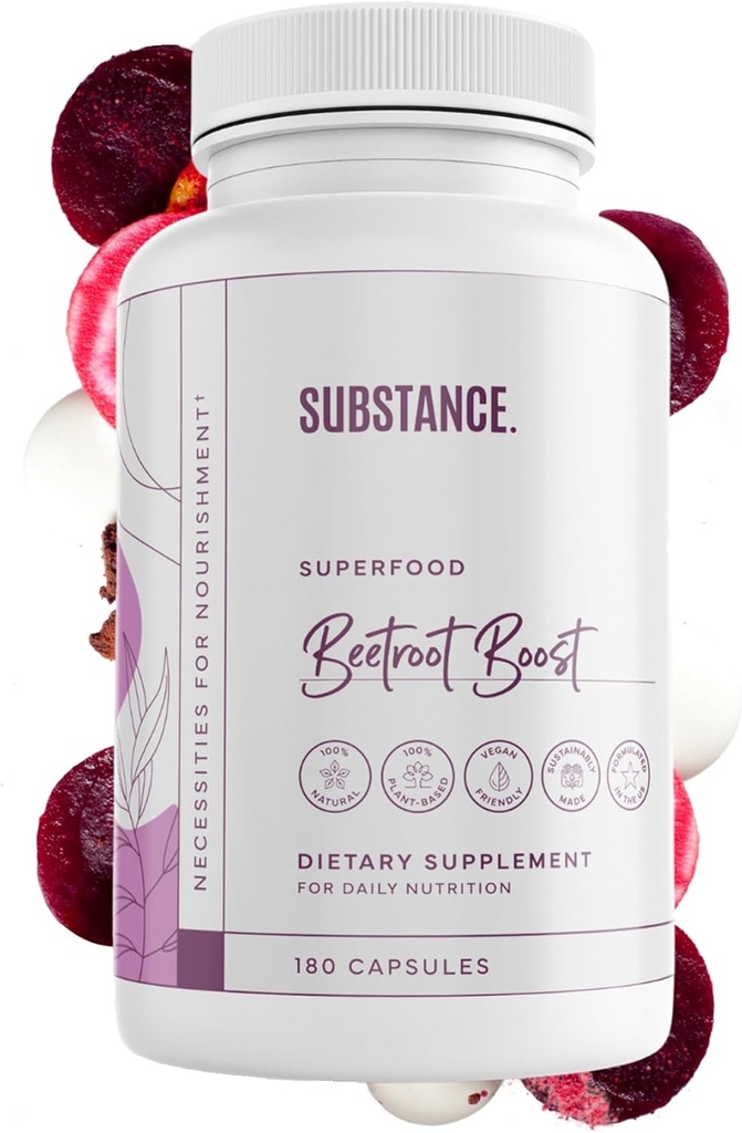 SUBSTANCE. Beetroot Boost Capsules - 4500mg per Serving, 30 Days Beet Root Capsules Supply – Beets Supplement with Vitamin-C & Manganese – Natural Nitric Oxide & Energy Booster Beet Root Powder – USA