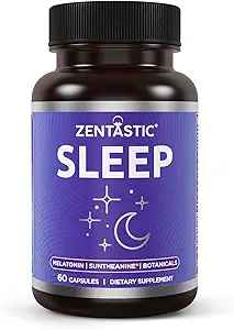 Aide au sommeil Zentastic - Non Habit pour un sommeil sain - Melatonine, Valérien, Suntheanine, Magnésium, Herbals, & More - Aide au sommeil naturel pour les adultes - Pilules de couchage - Fabriqué aux États-Unis, 60 Capsules