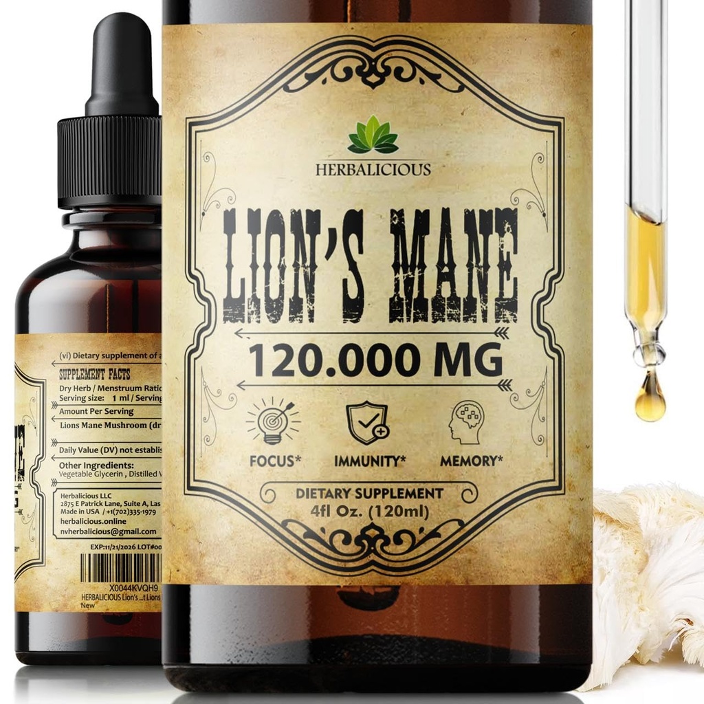 Lion's Mane Extract 4 fl oz Liquid – Teinture supplément de champignons naturels pour le cerveau, la mémoire, la clarté mentale et le focus – Soutien immunitaire – Formule de haute puissance – 90 jours d'approvisionnement