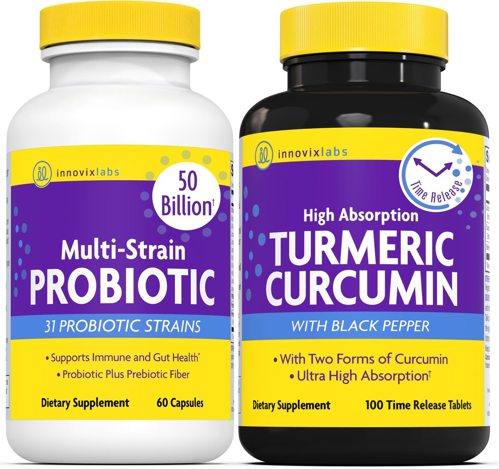InnovixLabs Multi Probiotic & Curcumin Bundle Multi-Strain Probiotic (60 Capsules Time-Release) Curcumine Turmère (100 comprimés Time-Release). Soutient la santé de Gut et d'Immune *.