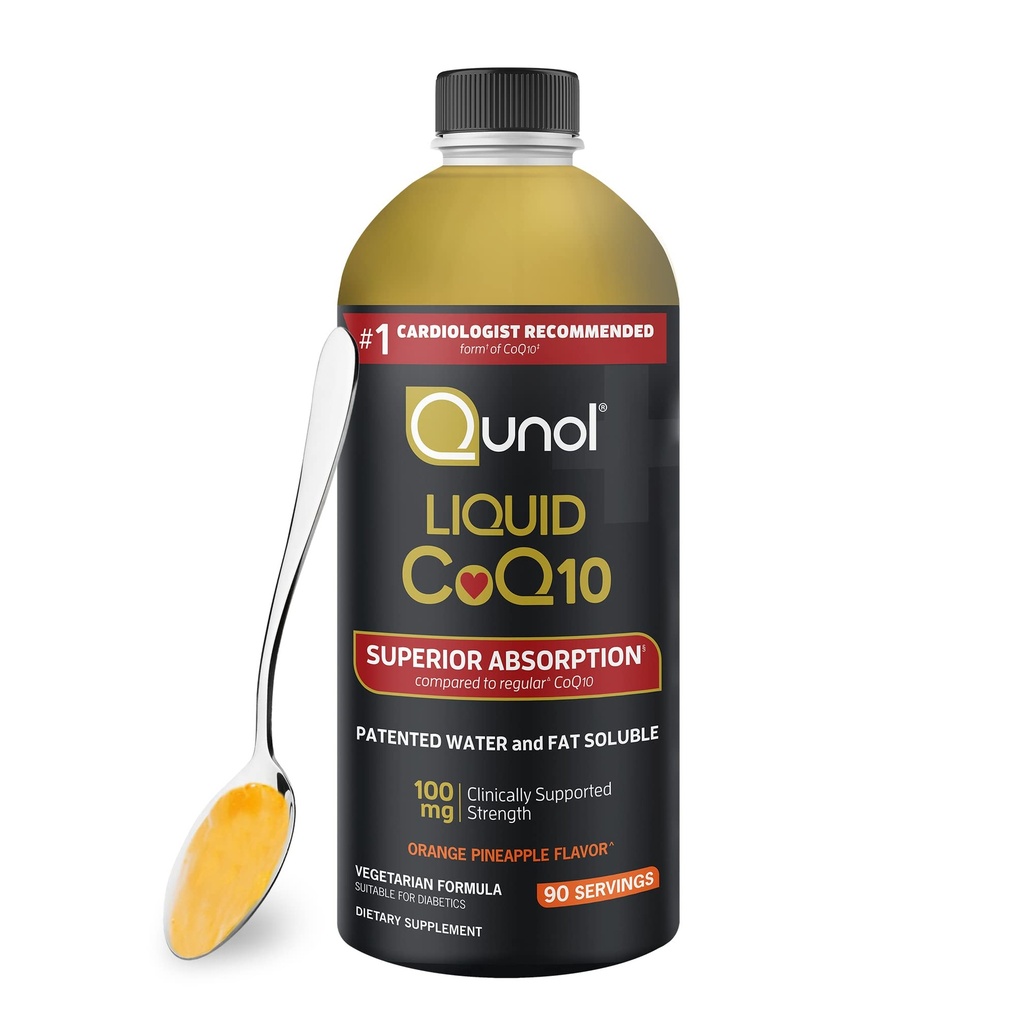 Qunol CoQ10 Supplément liquide 100mg, Absorption supérieure, Forme naturelle de Coenzyme Q10, Antioxydant pour la santé cardiaque, Aromatisé d'ananas orange, 90 portions, bouteille de 30,4 oz